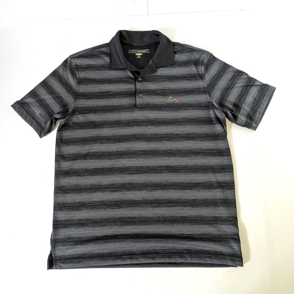 Greg Norman Play Dry Mens Polo Shirt Size M Black Gray Heathered Stripes